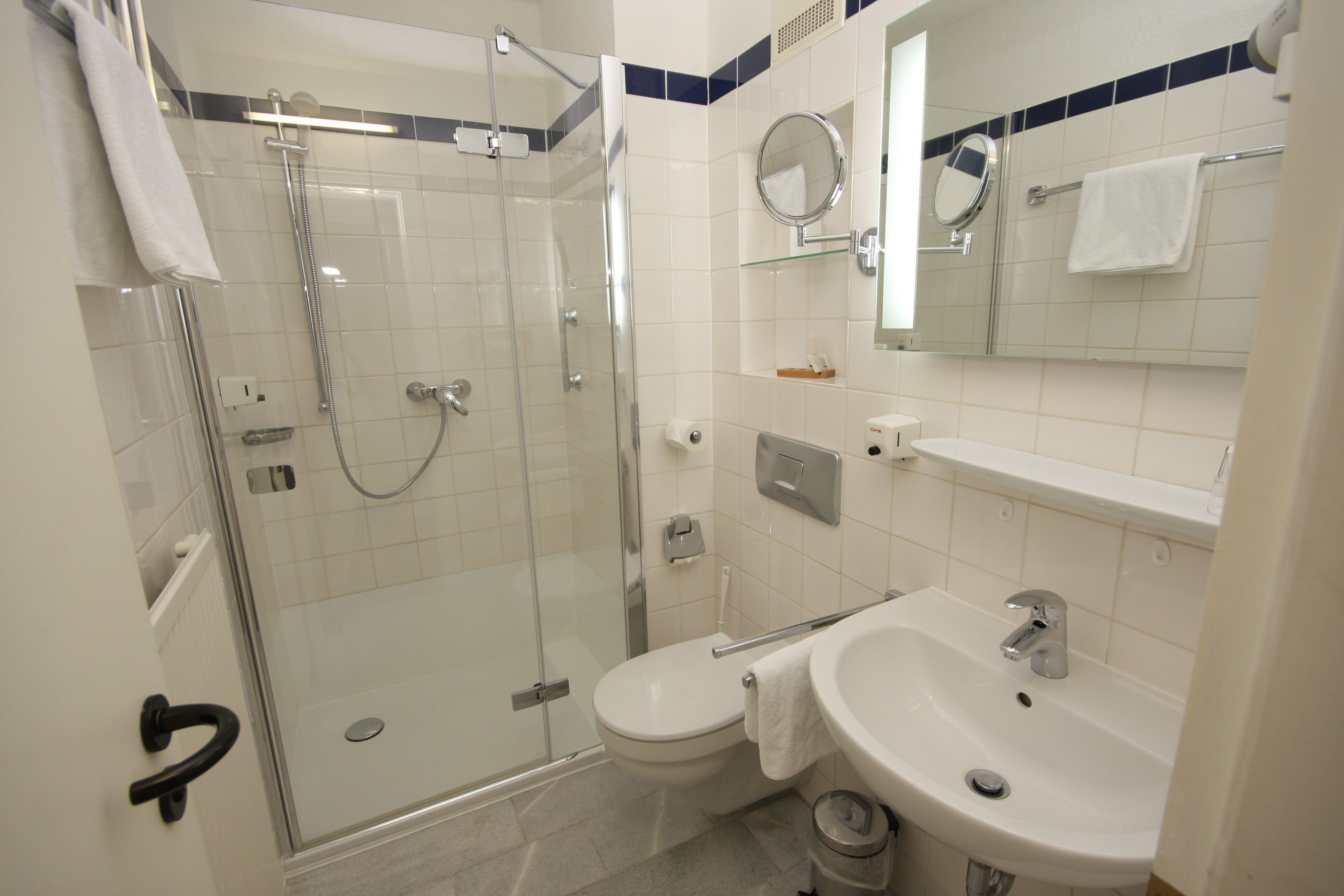 A bathroom with a glass-enclosed shower, a toilet, a sink, and a mirror.