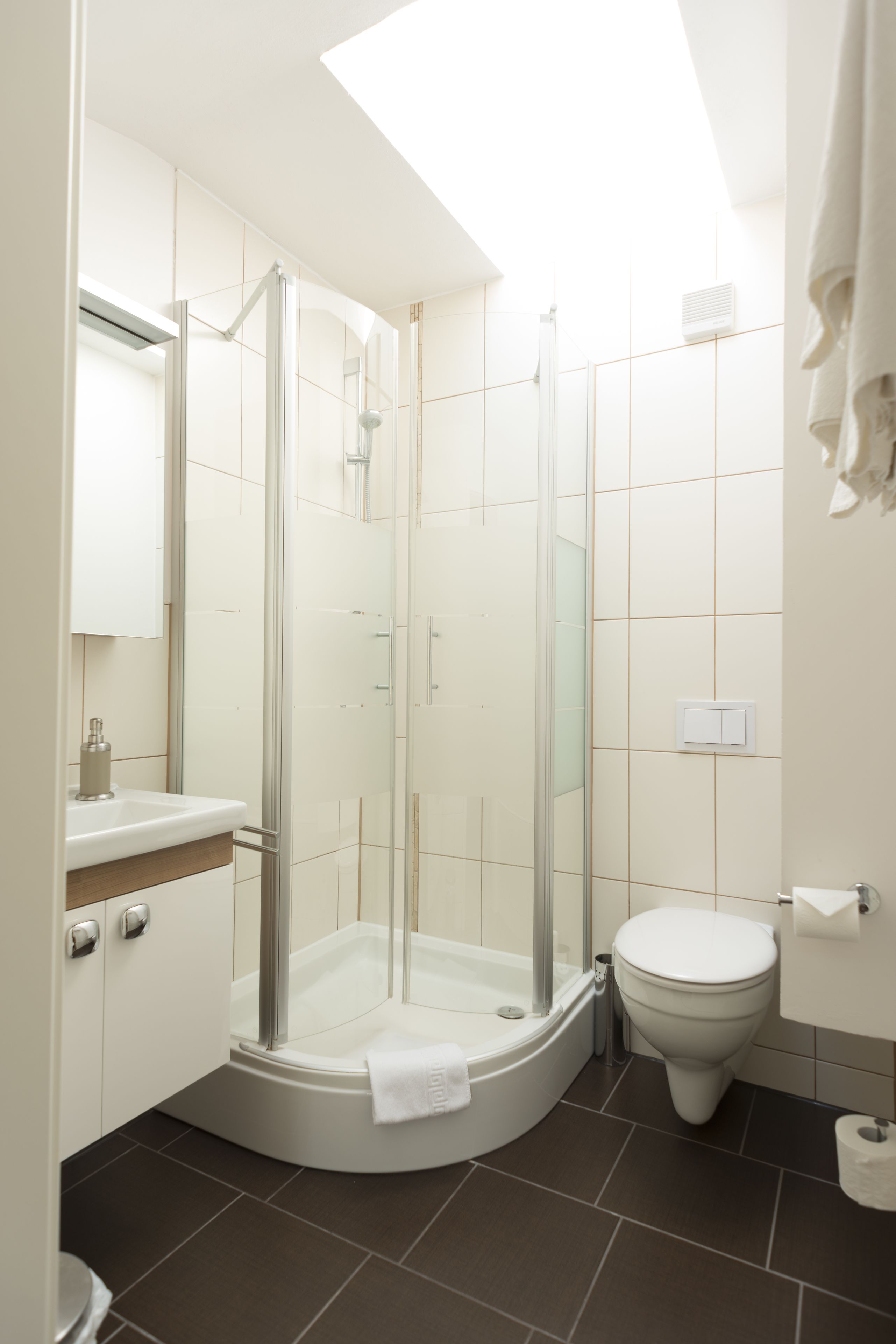 A modern bathroom with a glass-enclosed shower, a white toilet, and a sink with a mirror above it.