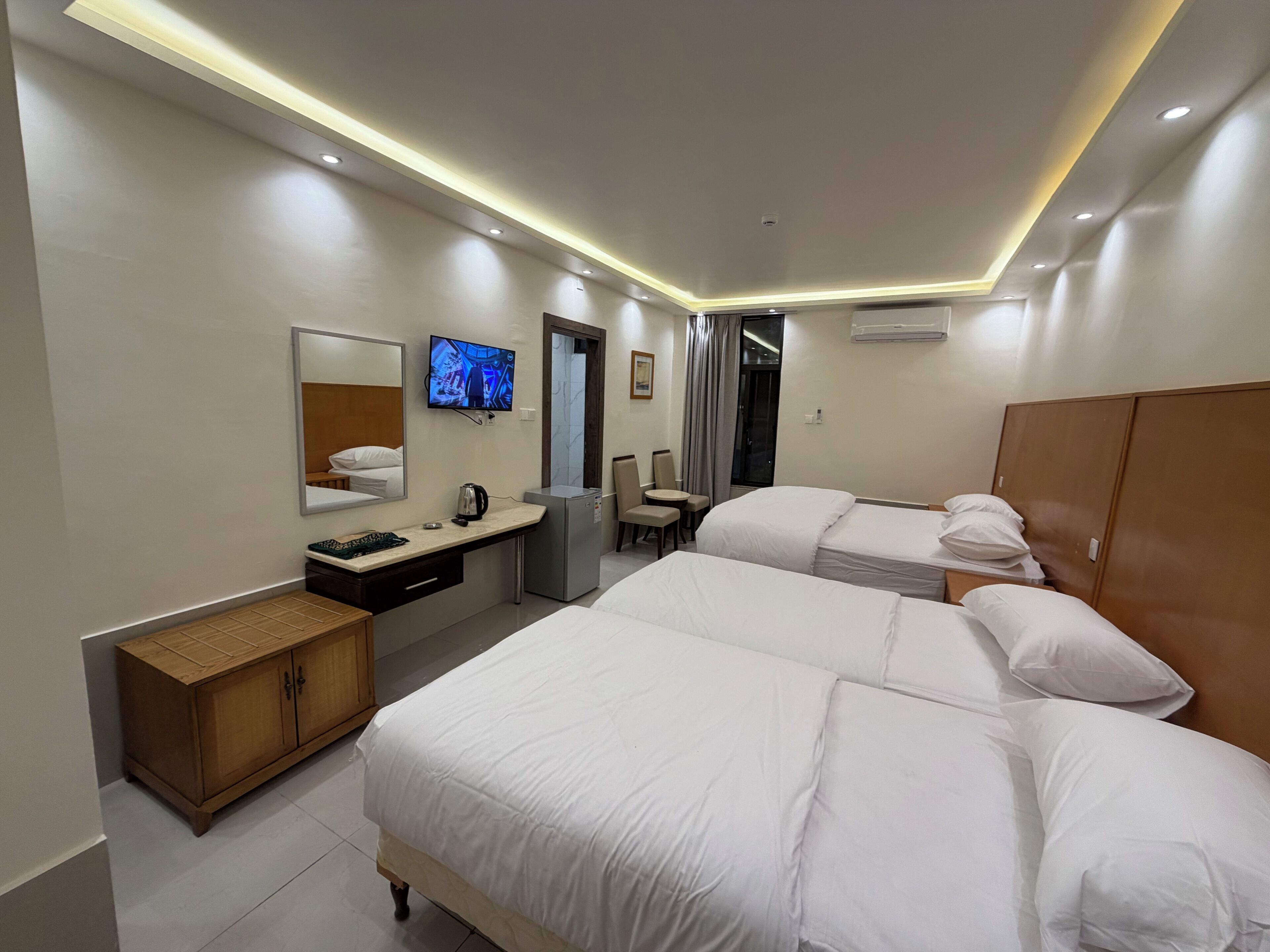 Desk, free WiFi, bed sheets