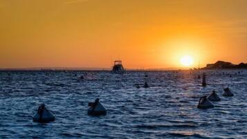 Un atardecer sobre un mar tranquilo, con varios boyas y un barco a lo lejos.