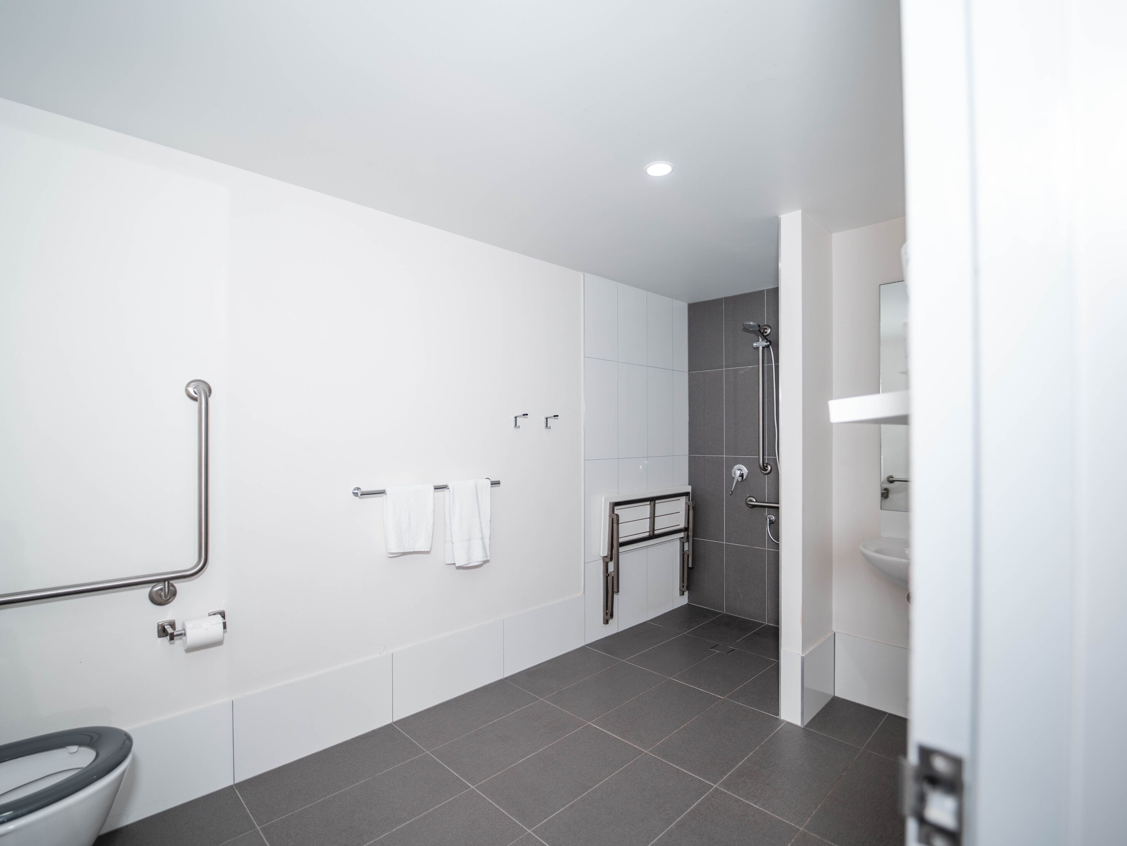 A modern bathroom with a toilet, grab bars, a shower, and a sink.