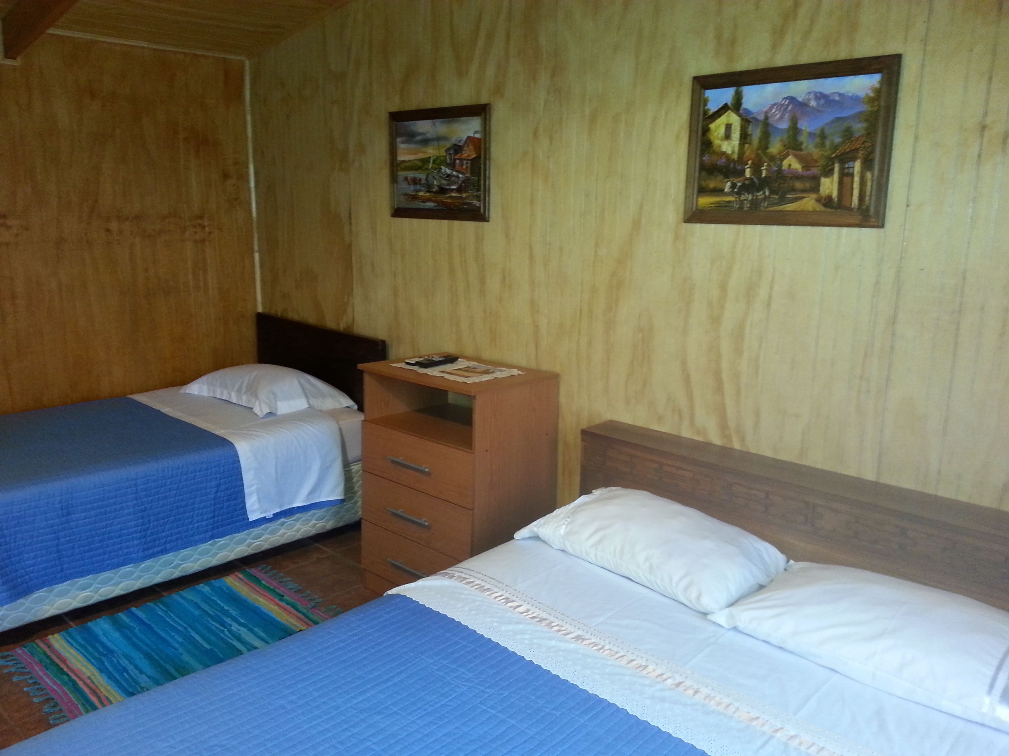 A room with two beds, wooden walls, and two paintings.