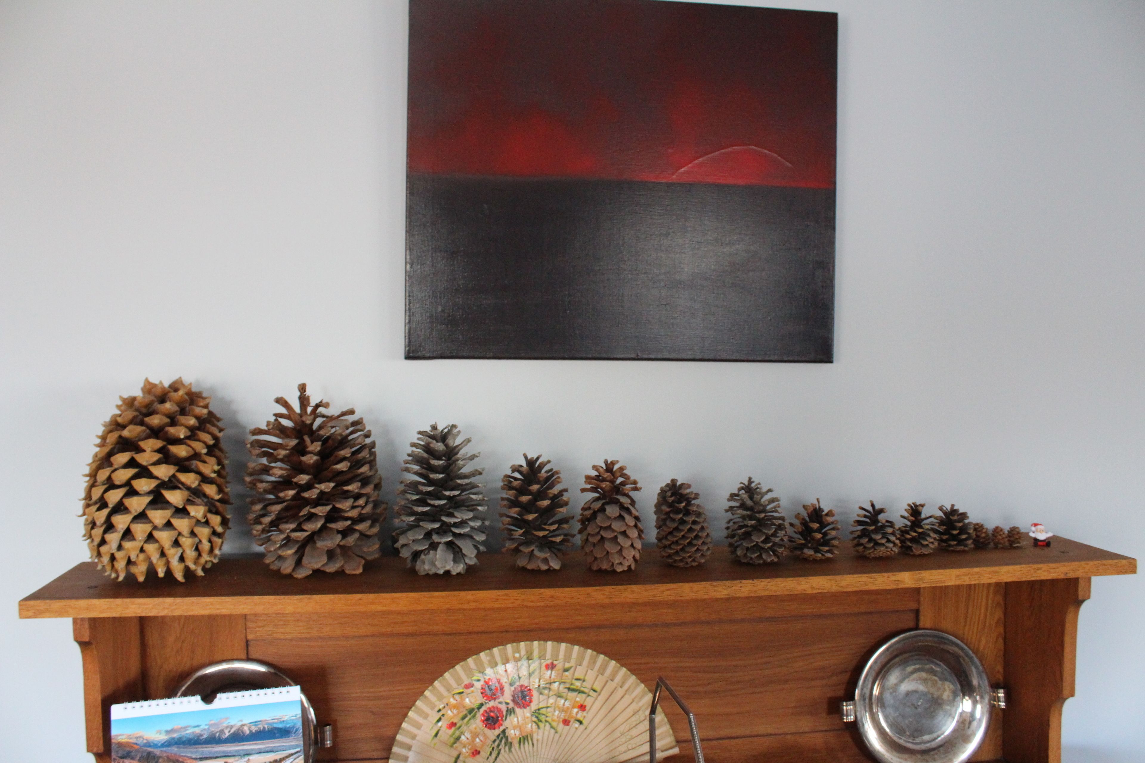 Una estantería de madera con piñas, un abanico, un cuadro y un calendario.