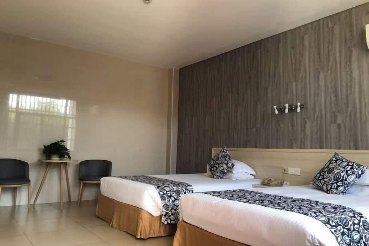 Une chambre d’hôtel avec deux lits, une tête de lit en bois, une petite table avec une plante et une fenêtre avec des stores.