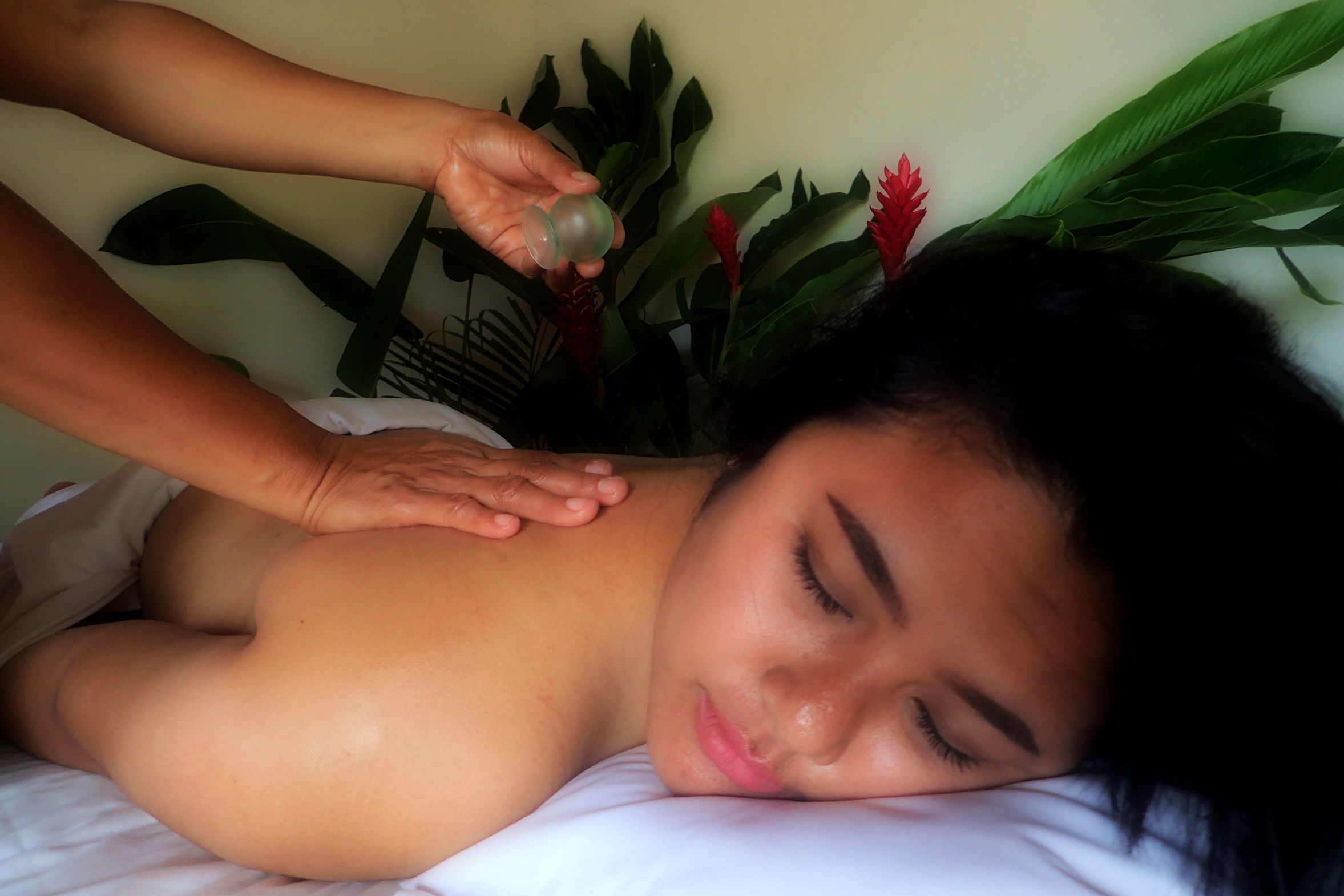 A person receiving a massage with a plant in the background.