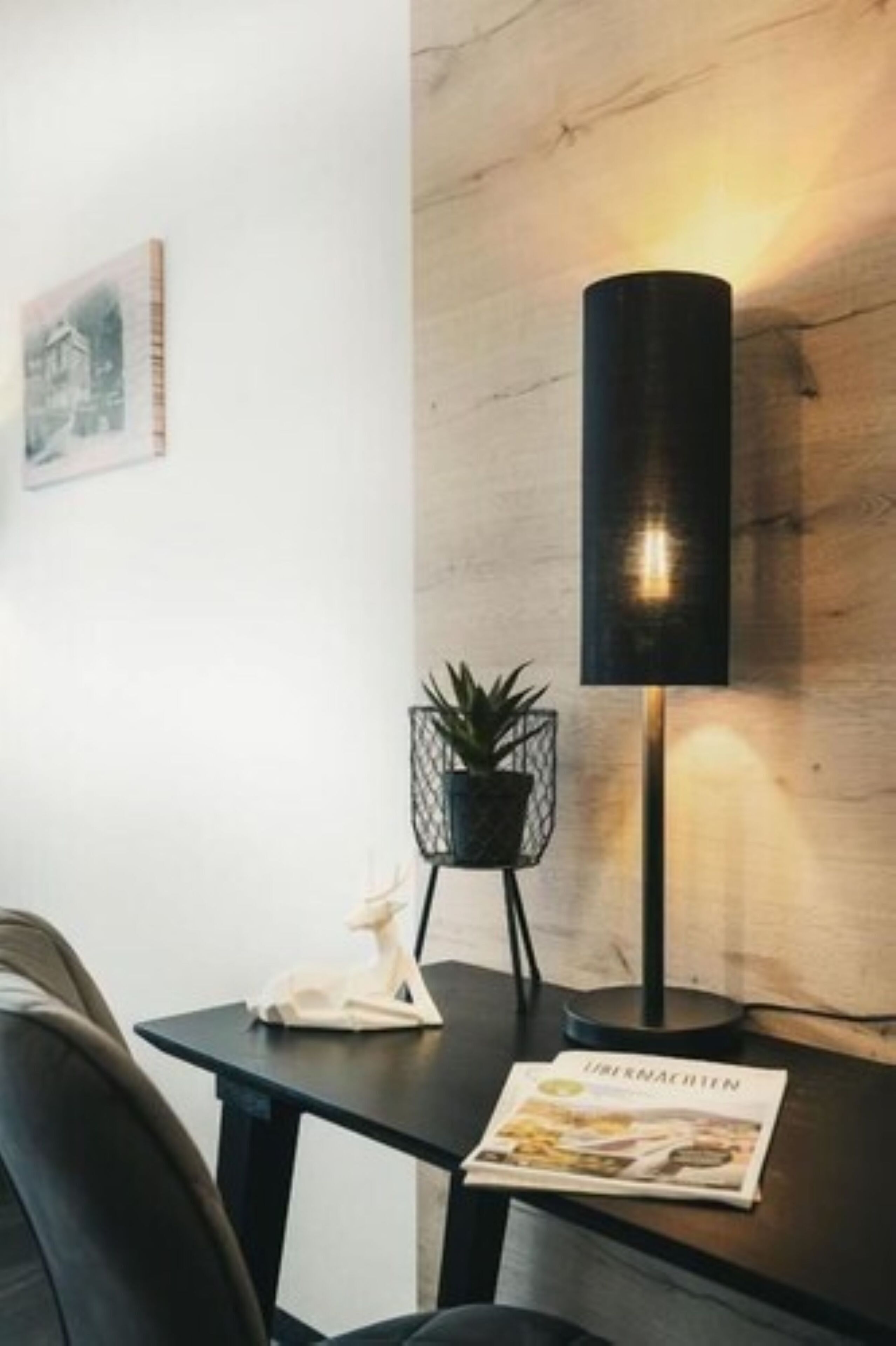 Una habitación moderna con una pared de acento de madera, una lámpara de pie negra, una pequeña planta en maceta y una revista sobre una mesa.
