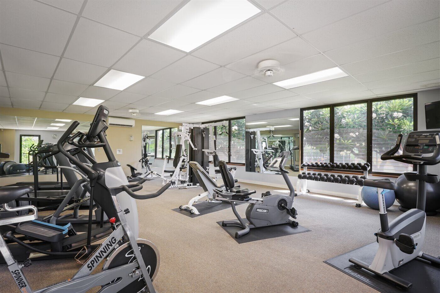 A gym with various exercise equipment, large windows, and a mirrored wall.