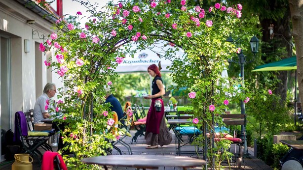 An outdoor seating area with tables and chairs under a floral archway. - Schloss Plaue (Brandenburg an der Havel)