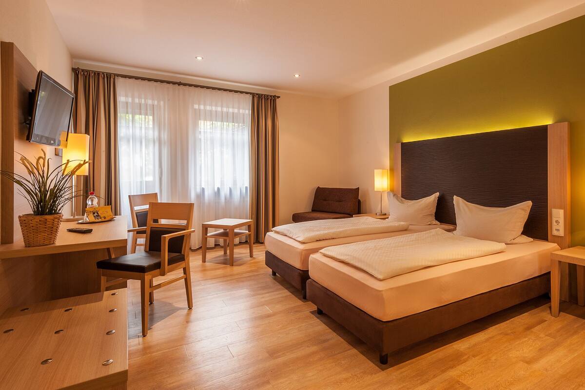 A hotel room with two beds, a desk, a chair, a TV, and a plant.