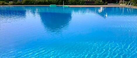 Een zwembad met helderblauw water, omringd door gebouwen en groen.