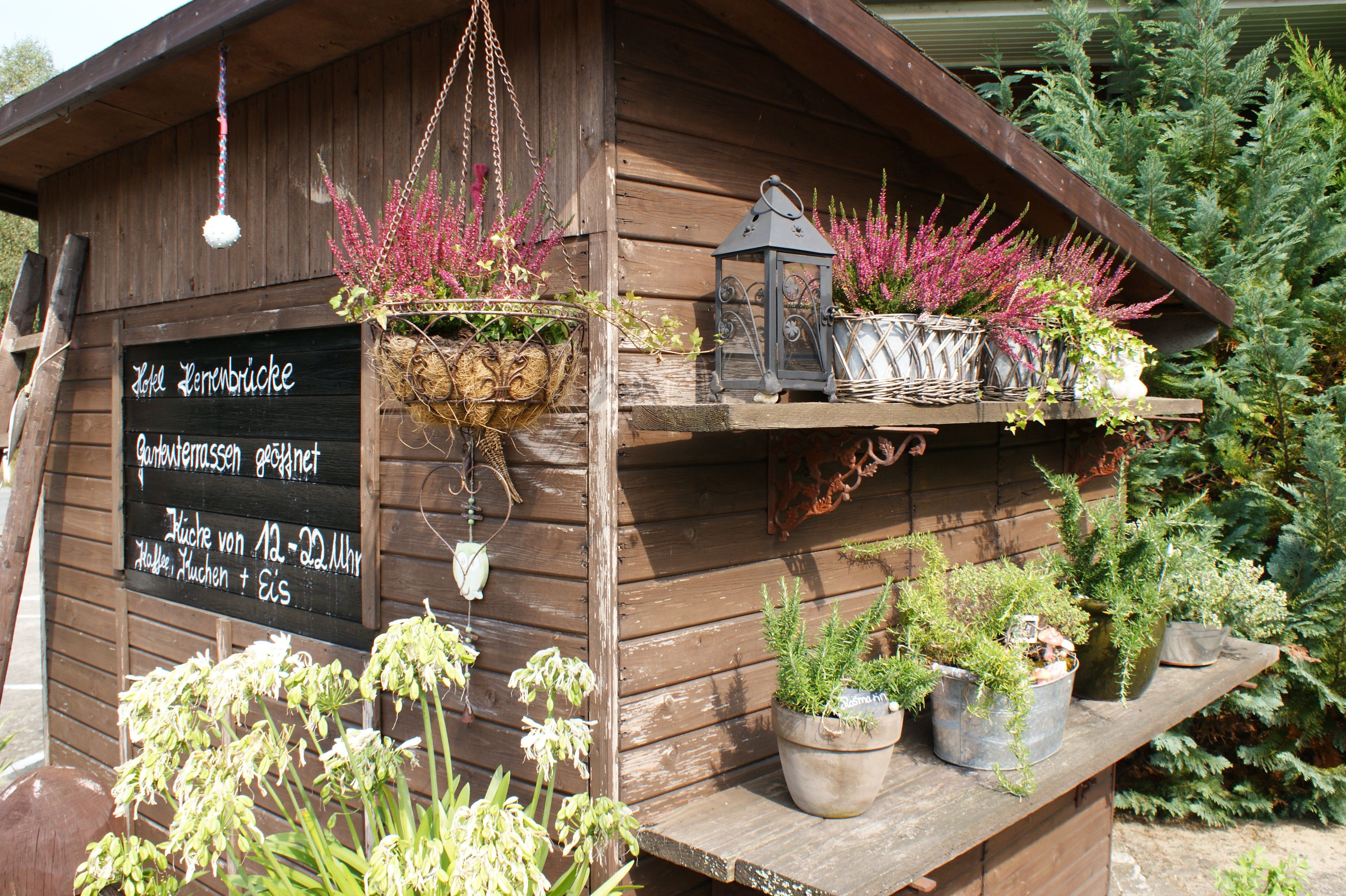 A wooden building with a signboard, hanging decorations, and potted plants.