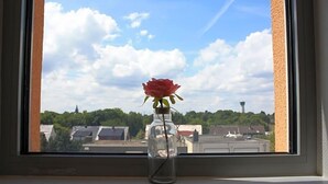 A clear view of a cityscape through a window with a single red rose in a glass jar on the sill. - Hotel Grand Tour (Wesseling)