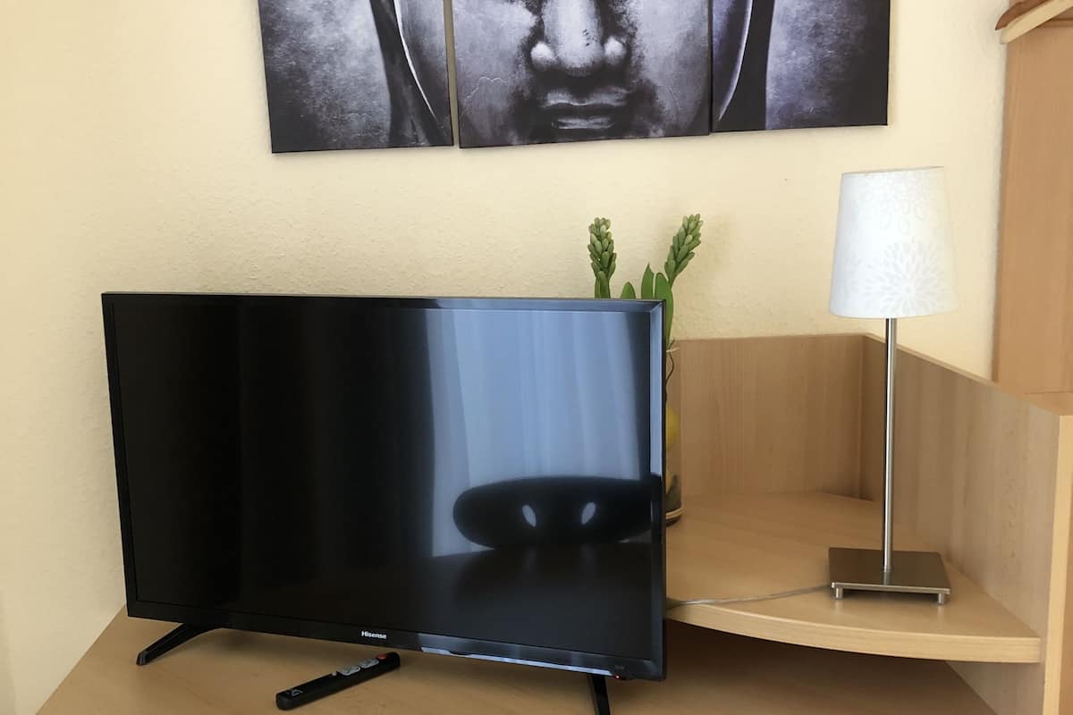 A flat-screen TV on a wooden desk, a wall-mounted Buddha statue, a lamp, and a small plant.