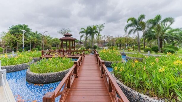 A wooden bridge leading to a gazebo in a landscaped garden with palm trees and tropical plants. - Lianjiang Libo Hotel (Lianjiang)