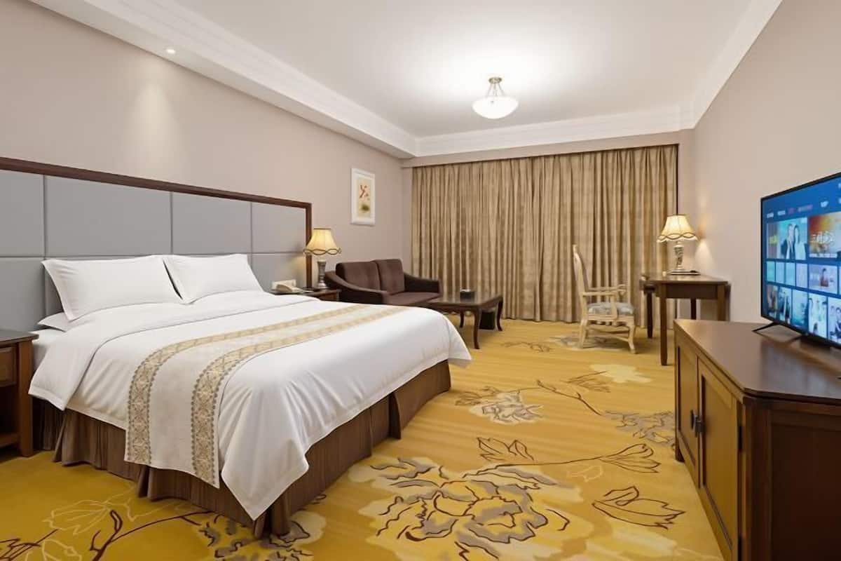 A hotel room with a large bed, a TV, a desk, and a chair.
