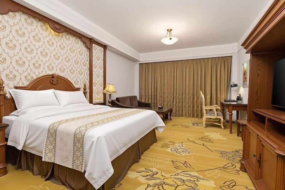 A hotel room with a large bed, a desk, a chair, a television, and a curtain.