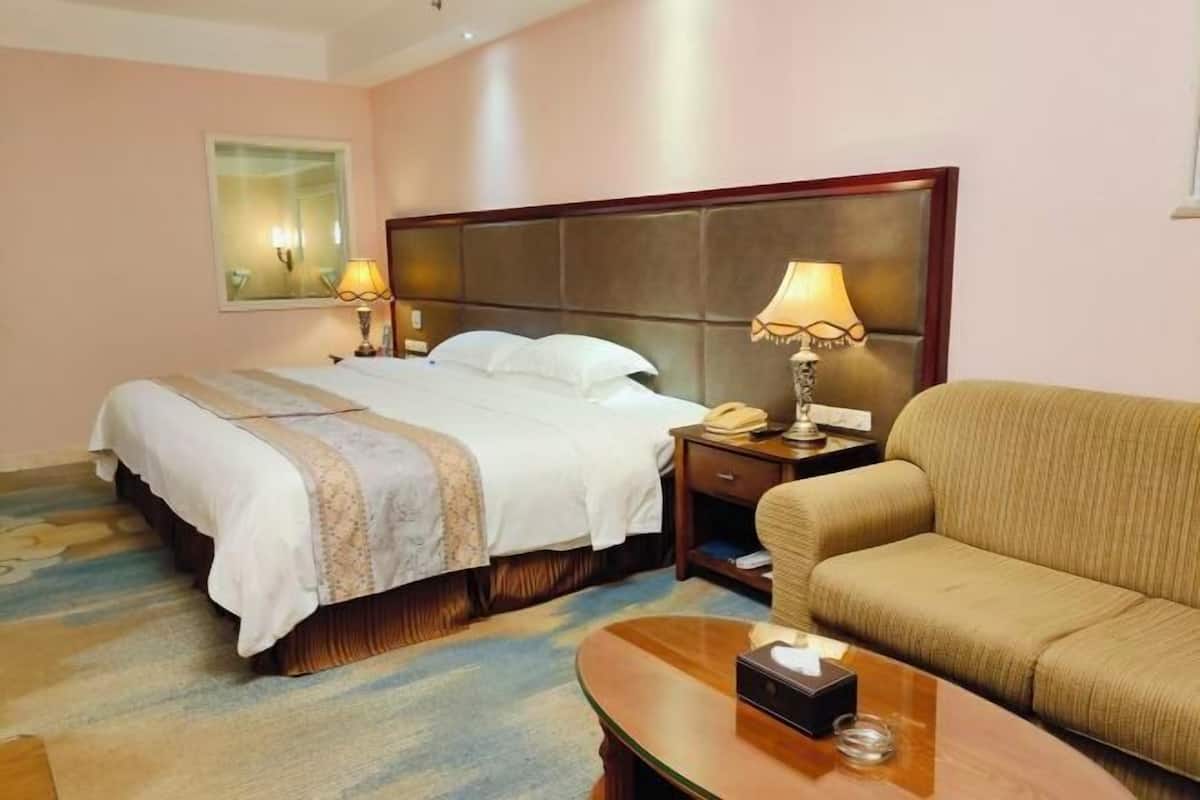 A hotel room with a bed, bedside table, lamp, and a sofa.