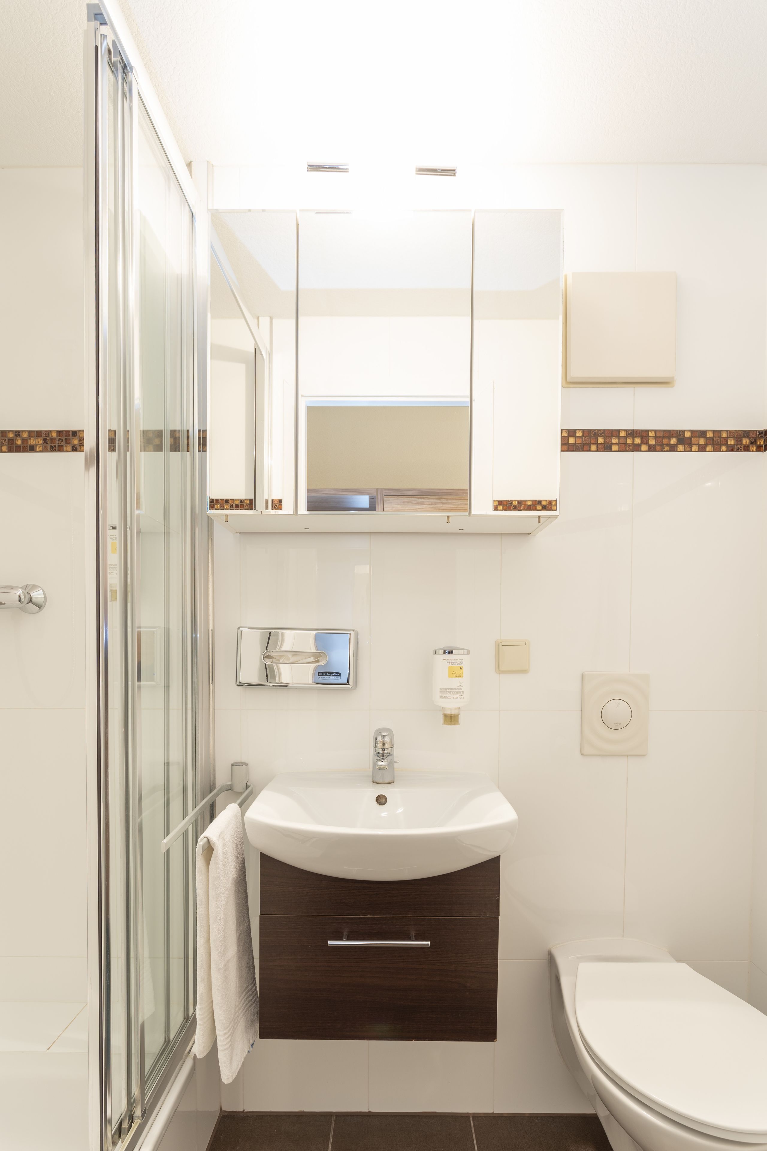A bathroom with a glass shower enclosure, a white sink with a mirror above it, and a toilet.