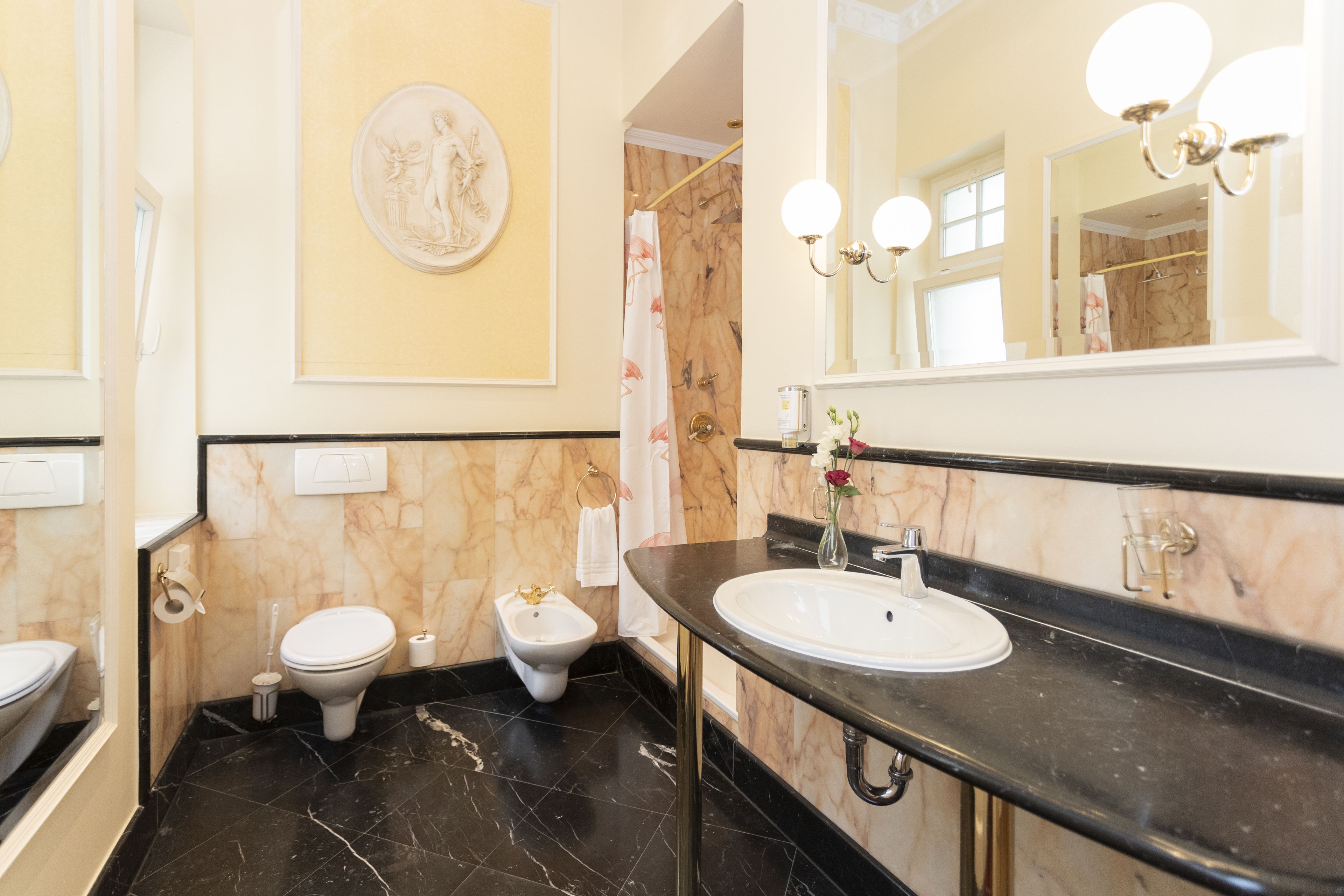 hair dryer, towels, soap, shampoo