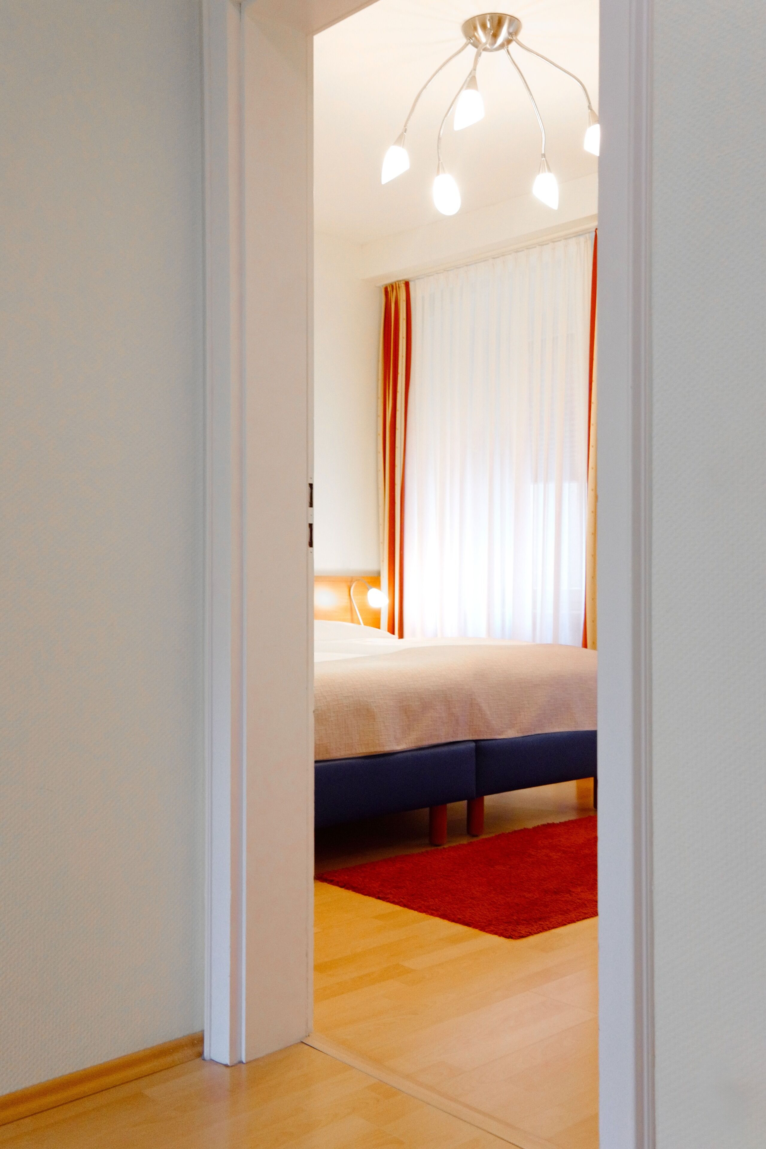 Un dormitorio con cama, un tapete rojo y una lámpara en el techo.