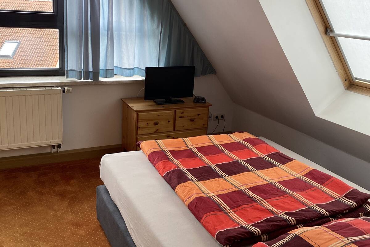 A bedroom with a bed, a dresser, a television on top, a window with curtains, and a skylight.