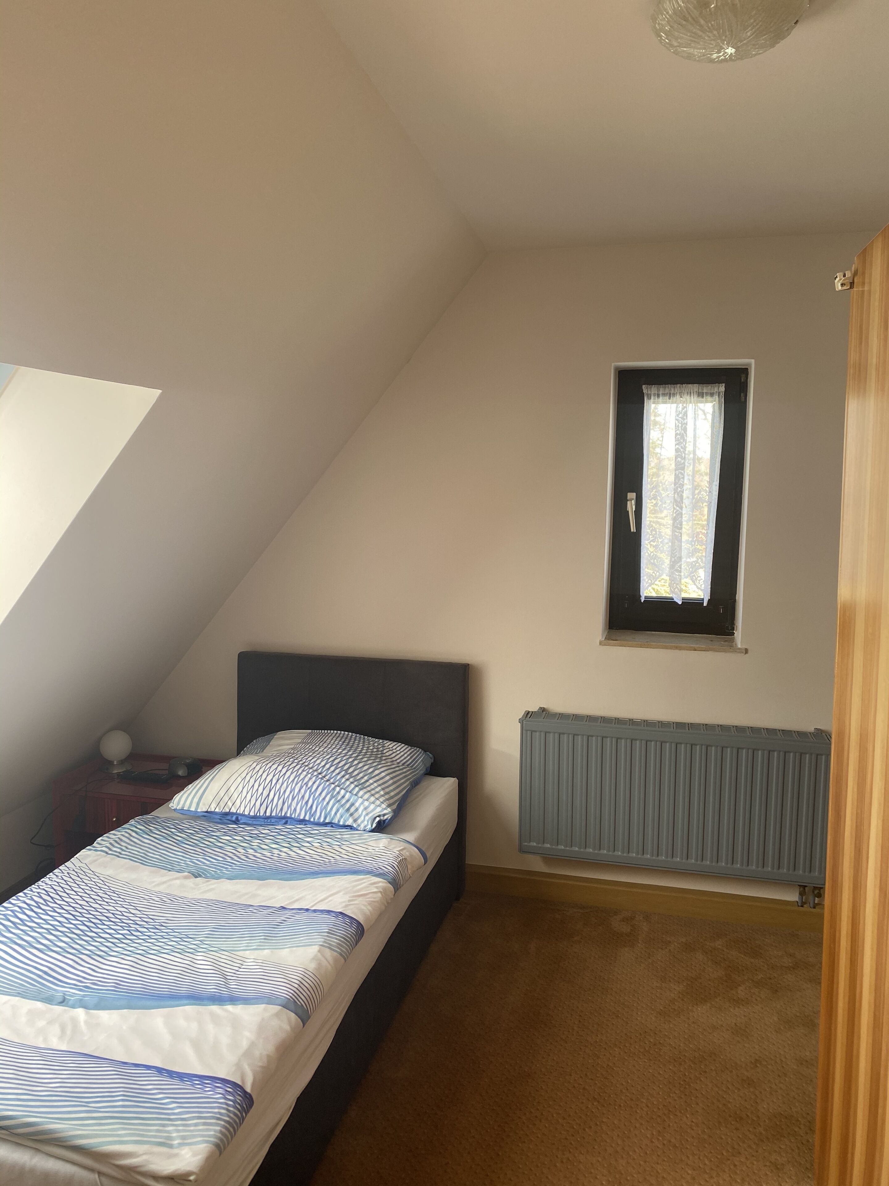 A bedroom with a bed, a window with curtains, a radiator, and a ceiling light fixture.