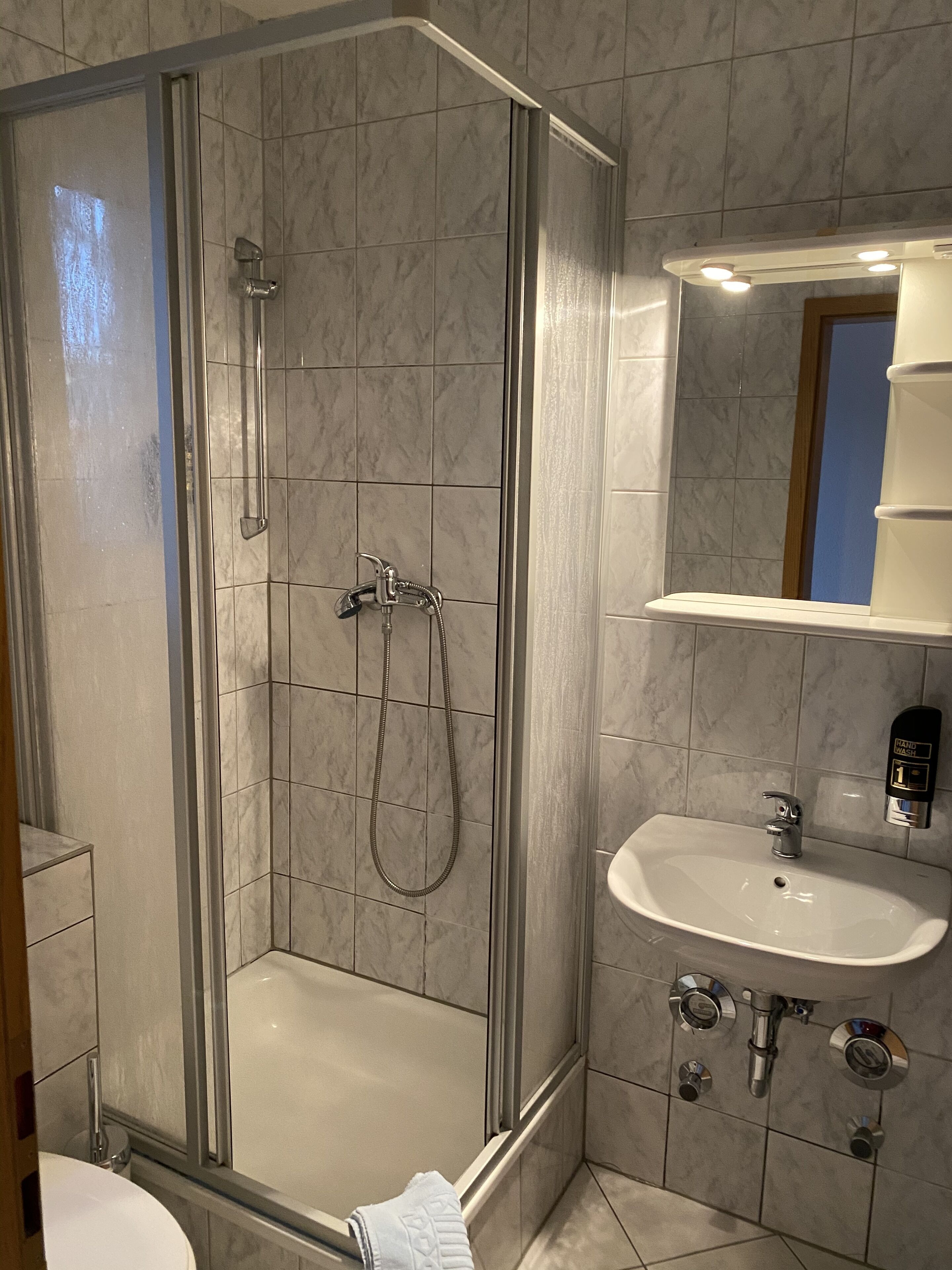 Ein modernes Badezimmer mit einer gläsernen Dusche, einem weißen Waschbecken und einem Spiegel darüber.