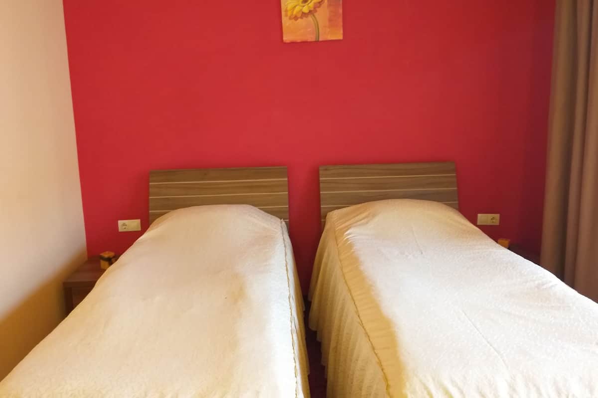A room with two single beds, a wooden headboard, a red wall, and a small flower decoration.