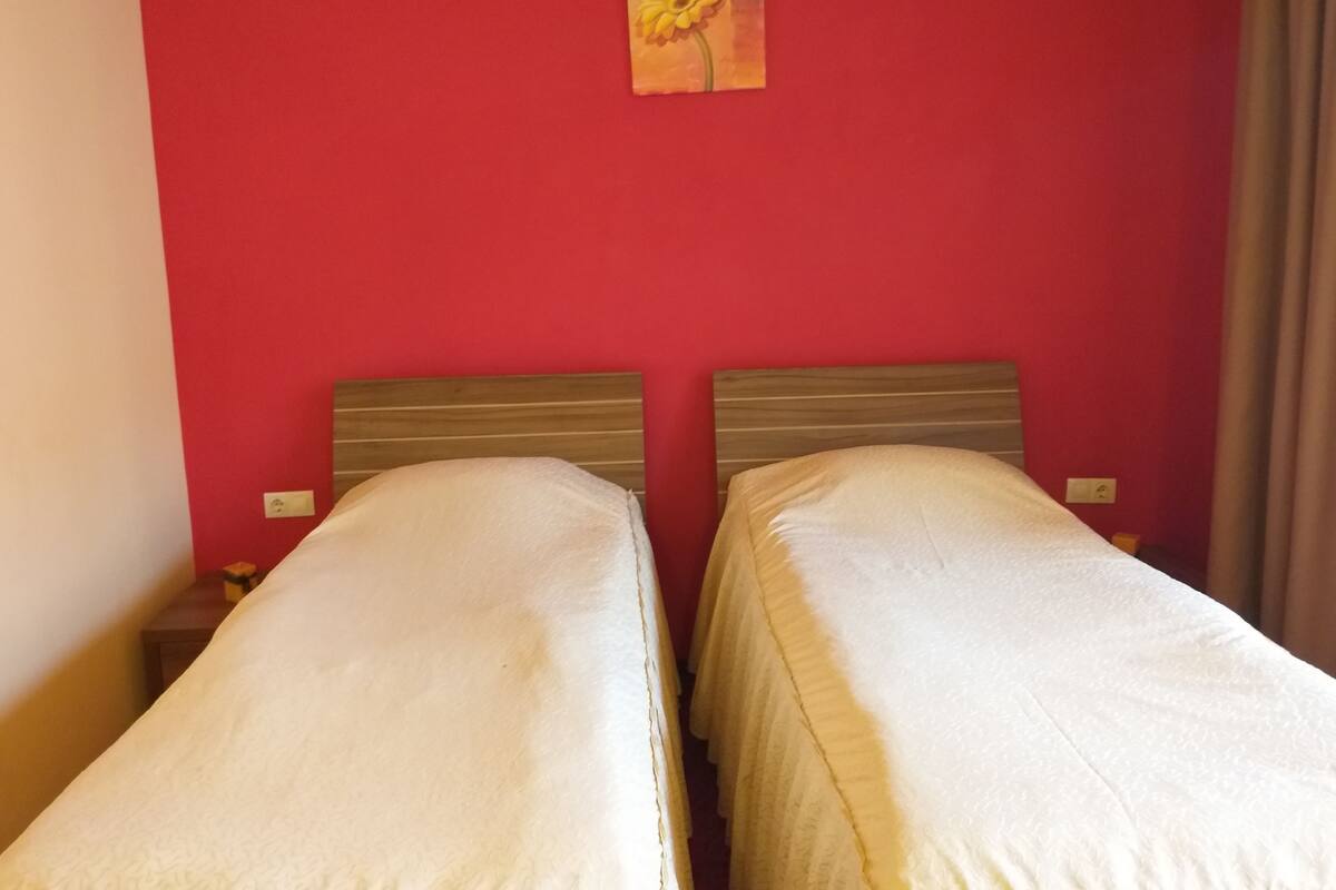 A room with two beds, a red wall, and a small painting of a flower.
