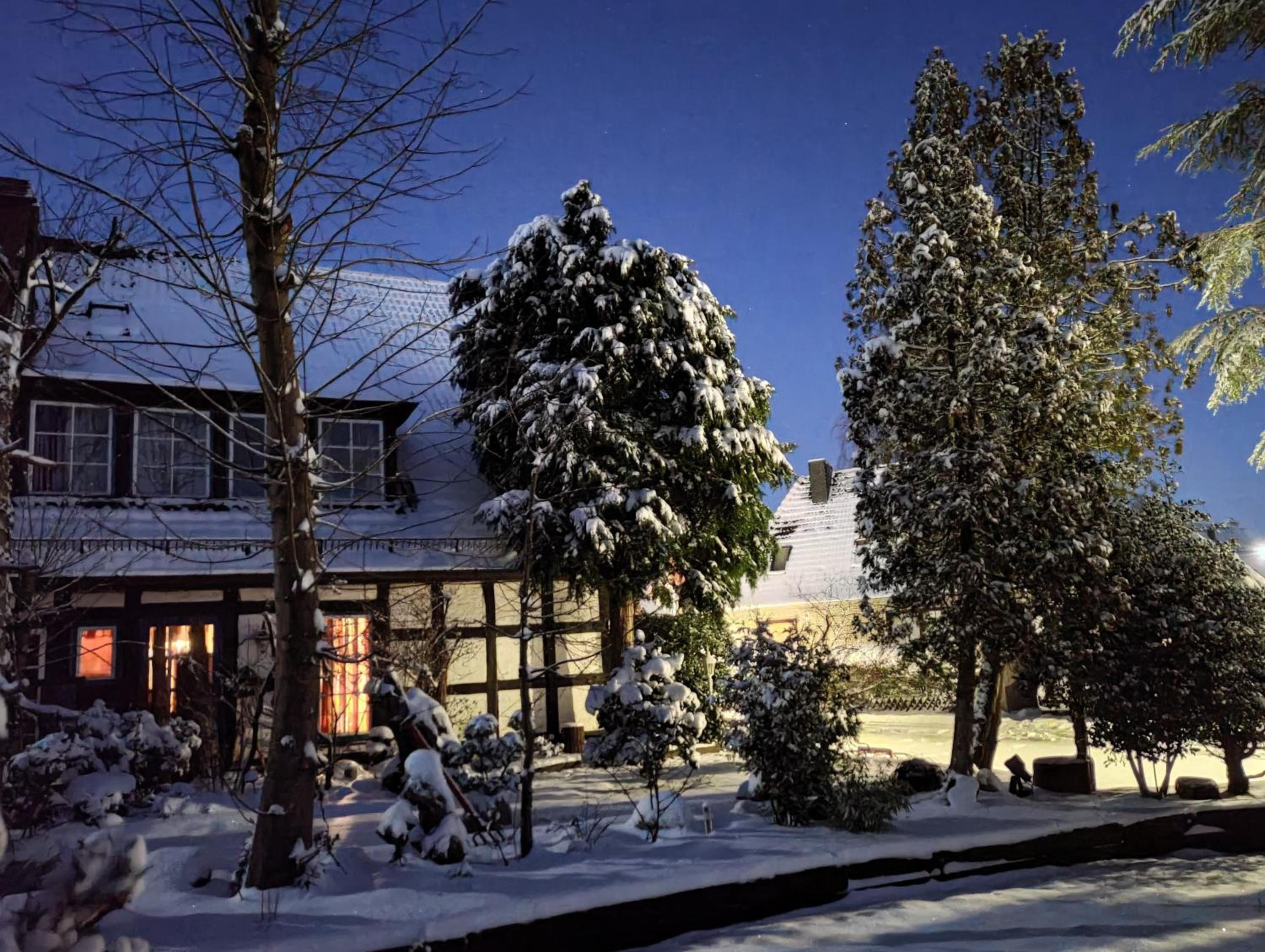 A snow-covered landscape with a house and trees.
