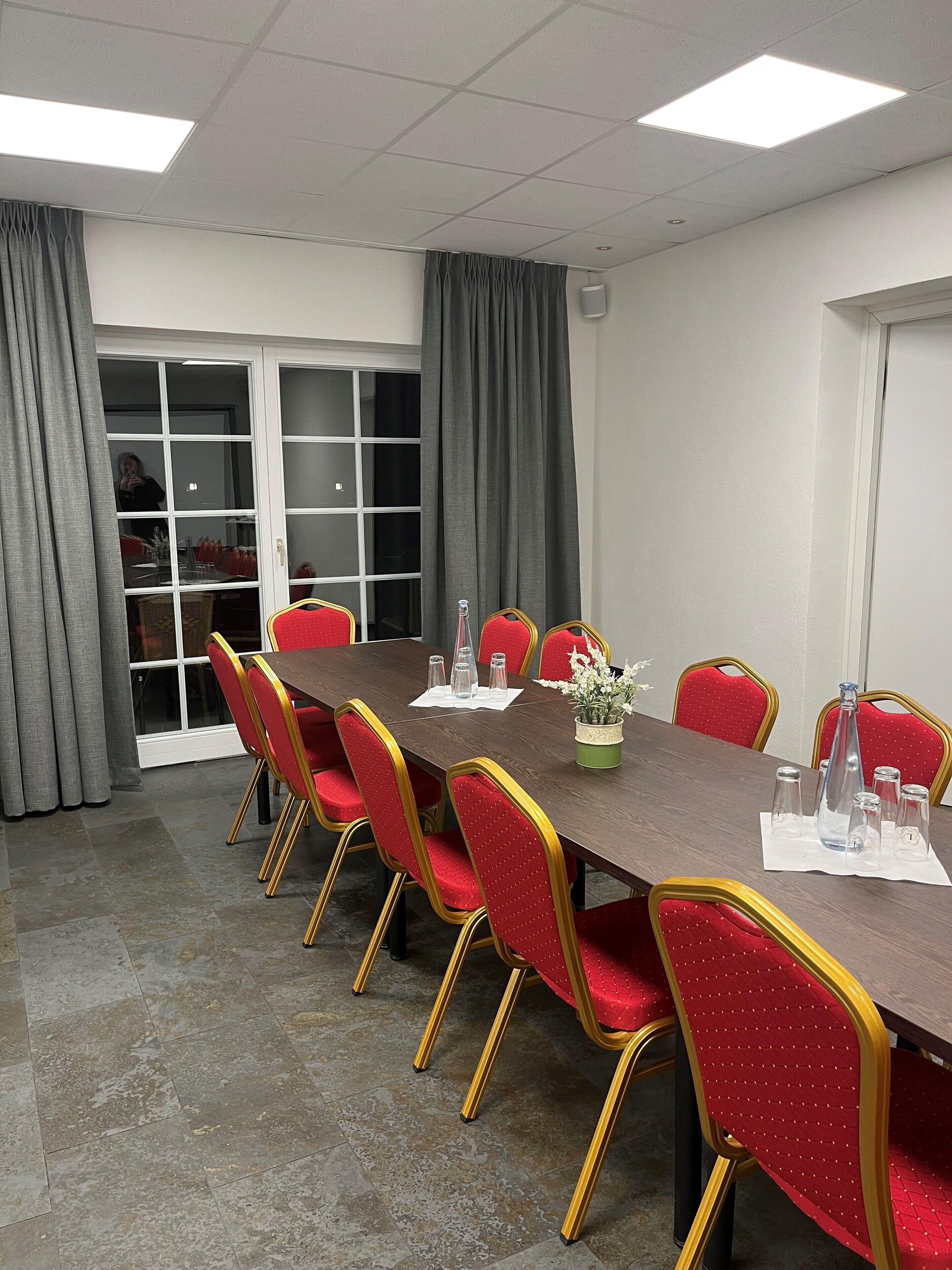Un salón de conferencias con una larga mesa, sillas rojas con detalles dorados y una planta en maceta sobre la mesa.