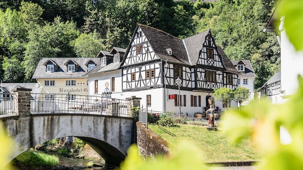A traditional half-timbered building with a stone bridge over a stream, surrounded by greenery. - Landgasthof zur Burg Grenzau (Hoehr-Grenzhausen)
