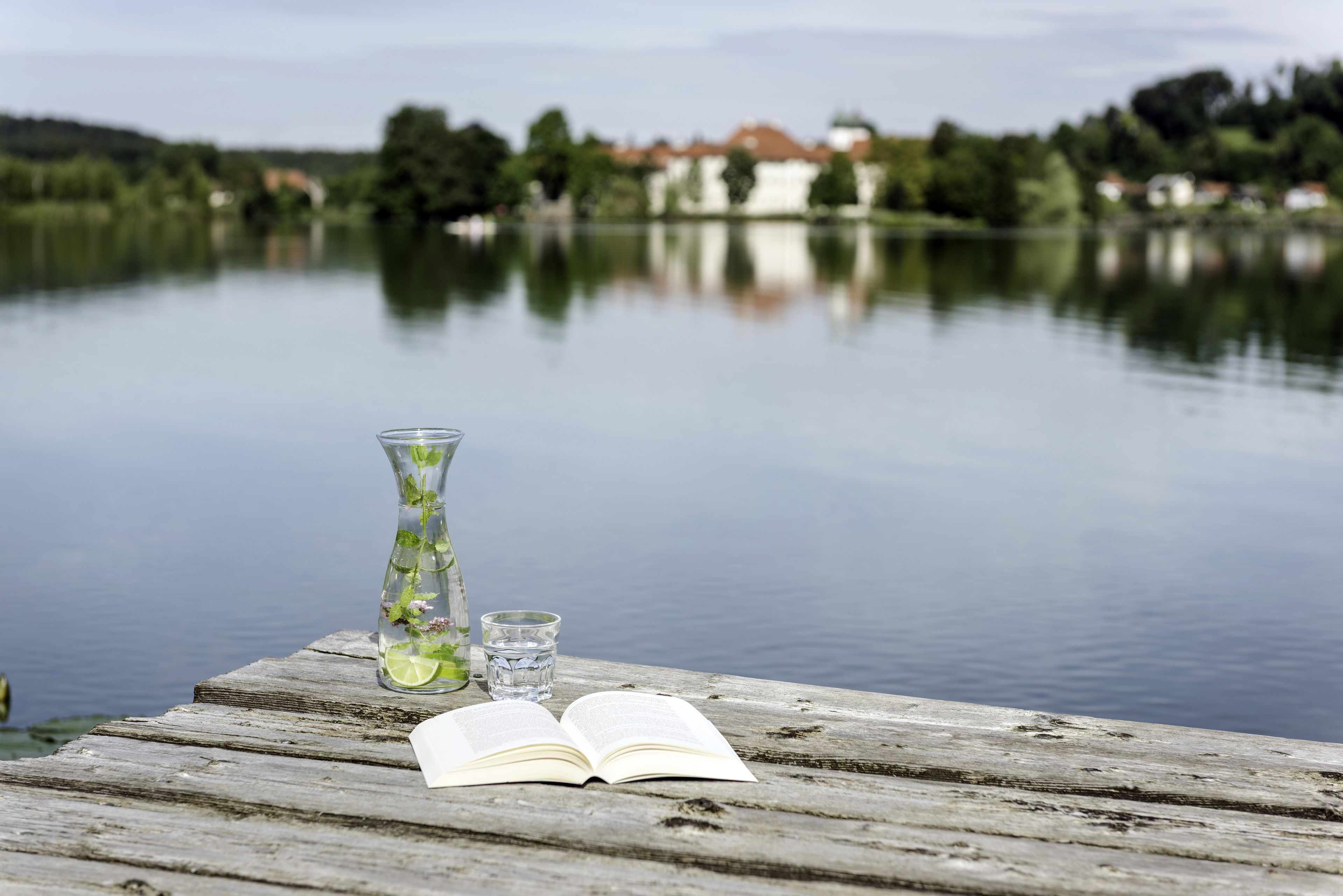 Un muelle de madera con un libro abierto, un vaso de agua y un florero con flores.