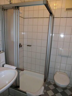 A bathroom with a shower enclosure, a toilet, and a sink.