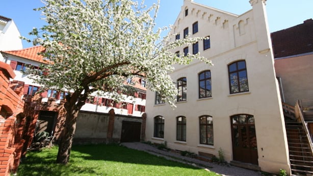 Un edificio con fachada blanca, múltiples ventanas y un árbol en primer plano.