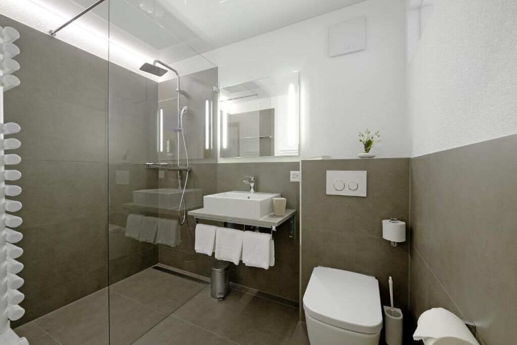 Et moderne badeværelse med en glasafskærmet brusekabine, en vask med et spejl over, et toilet og en lille urtepotte på væggen.