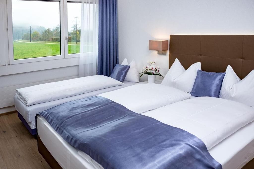 Habitación de hotel con dos camas, vista a un campo verde y una mesita de noche con lámpara.