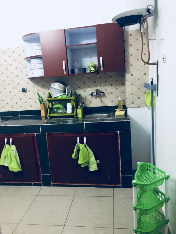 Fridge, microwave, oven, cookware/dishes/utensils