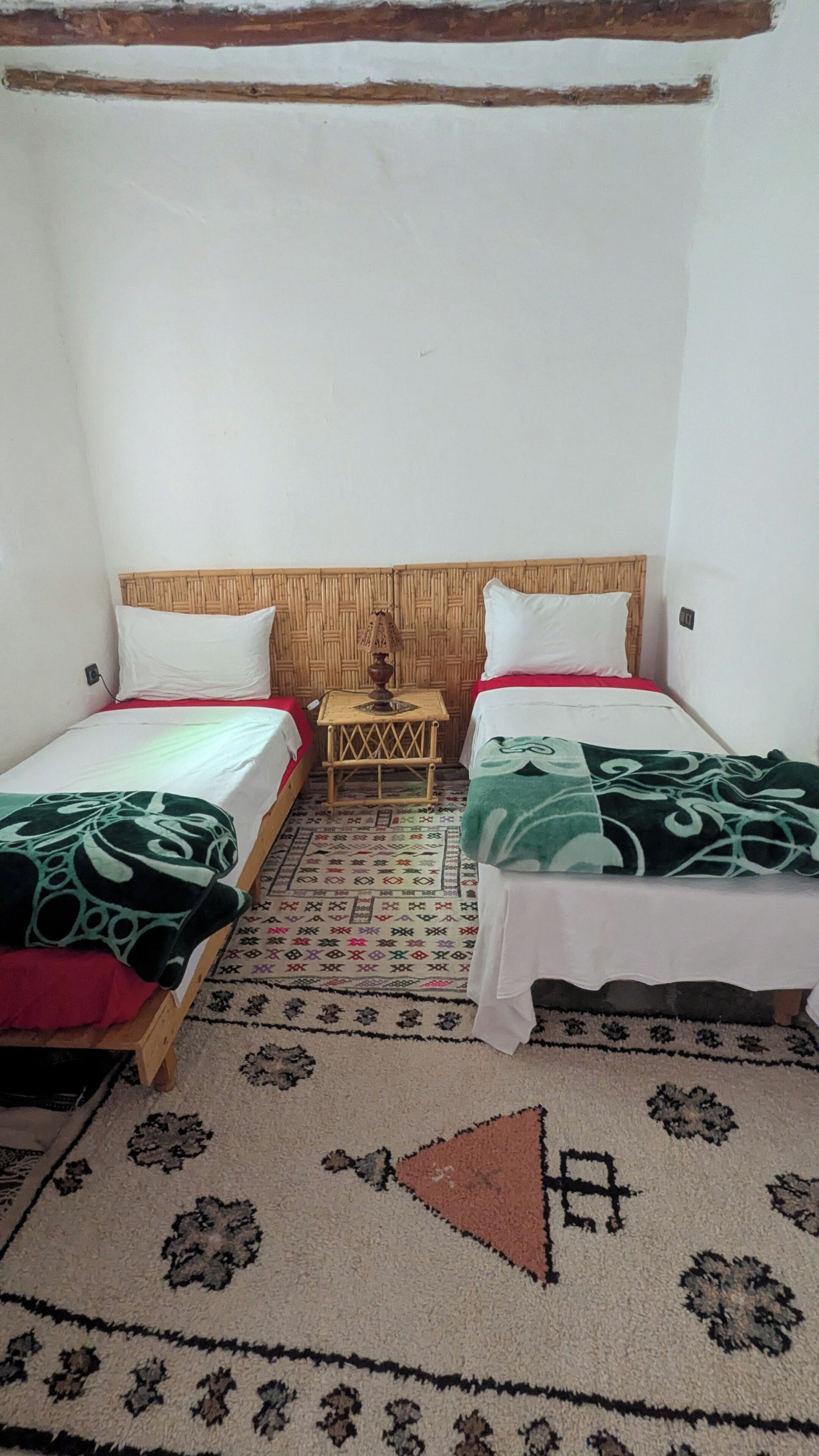 A room with two beds, a small table, and a patterned rug.