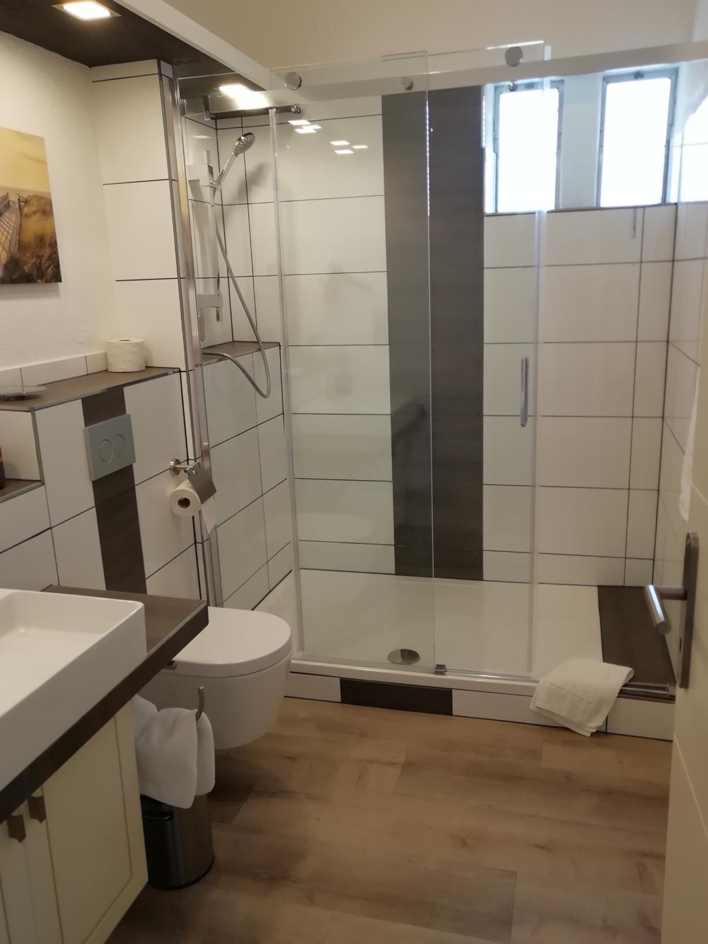 A modern bathroom with a glass-enclosed shower, a toilet, and a sink.