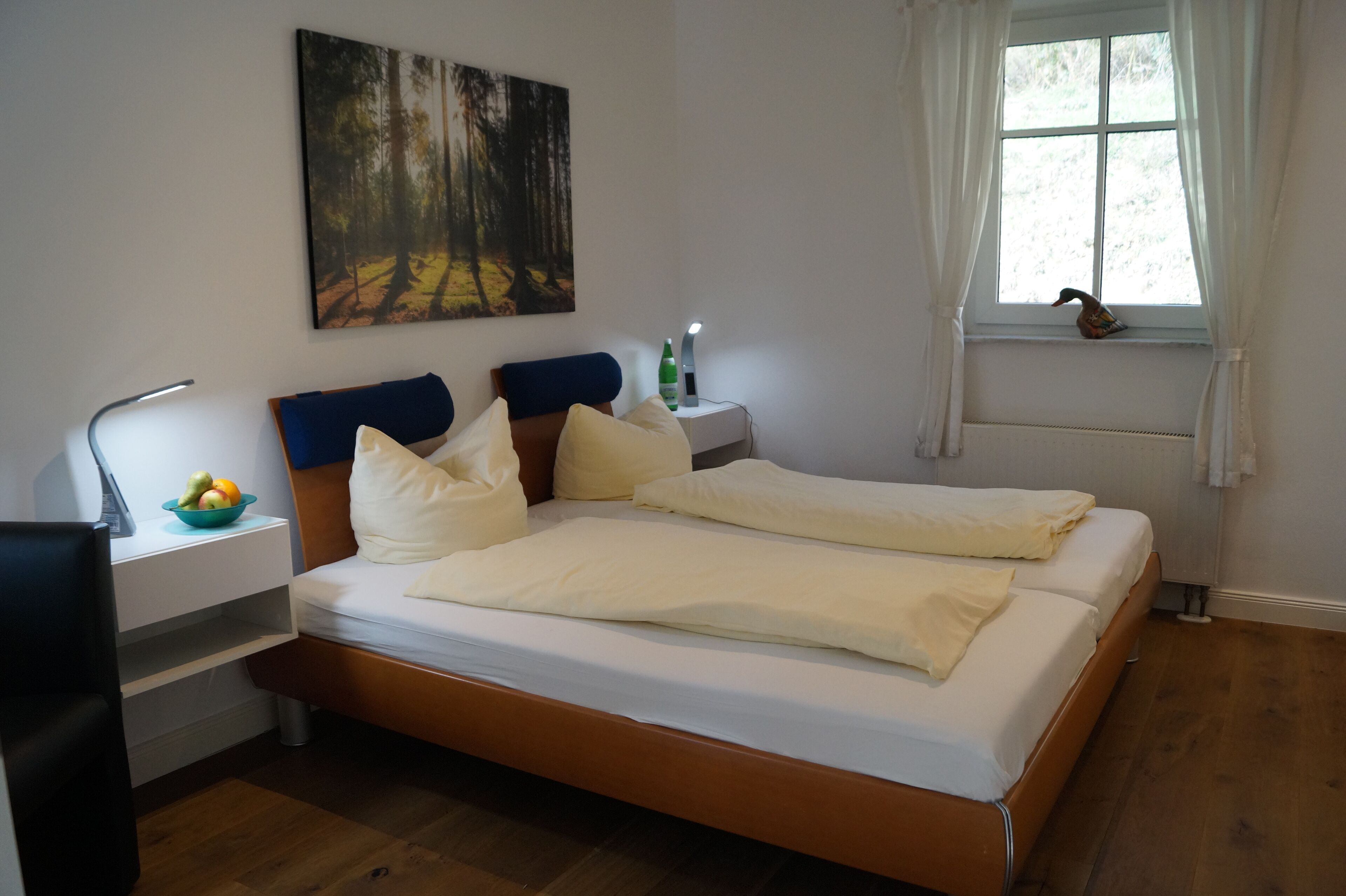 Hypo-allergenic bedding, desk, laptop workspace, blackout curtains