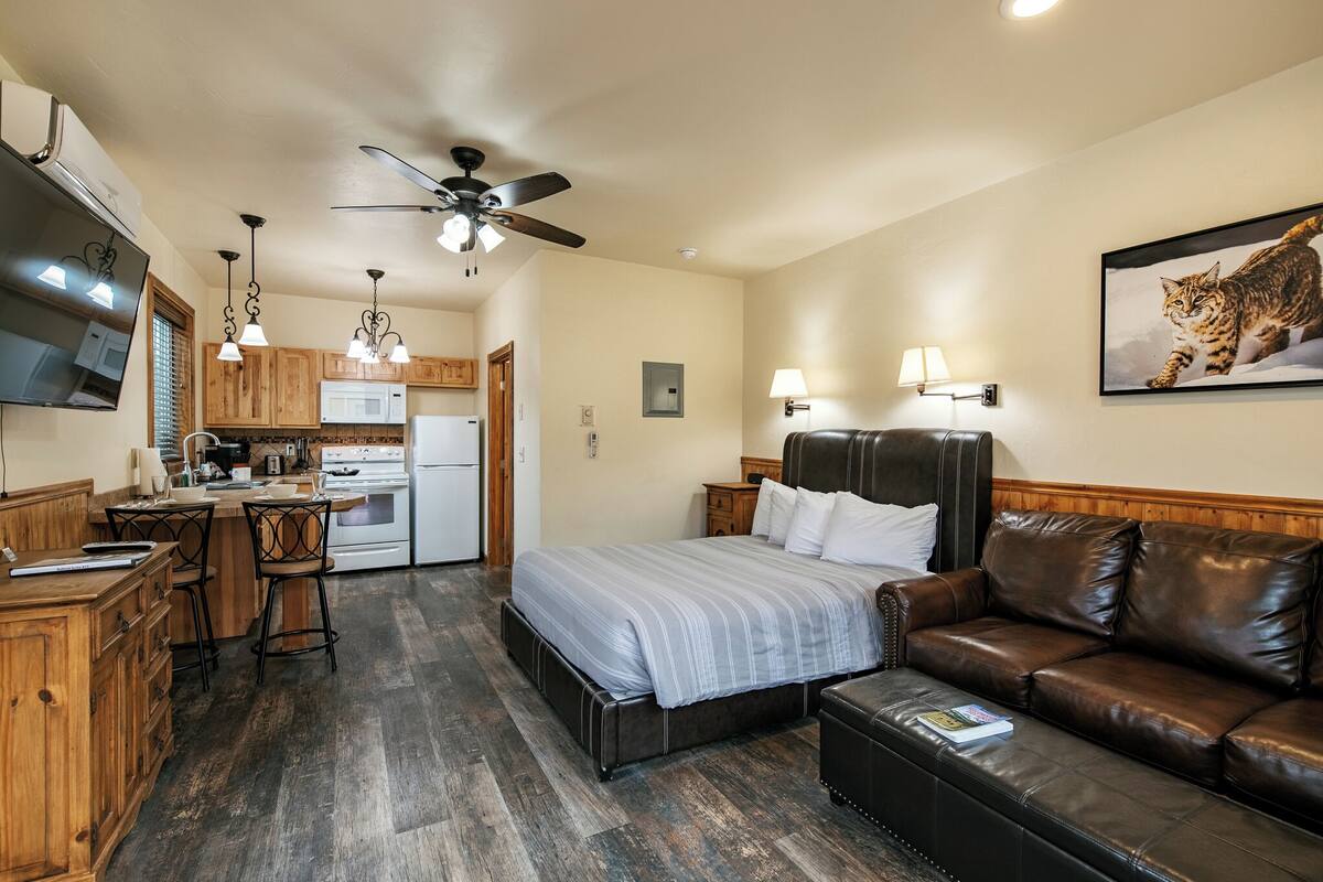 A compact room with a bed, a sofa, a dining area, and a kitchenette.