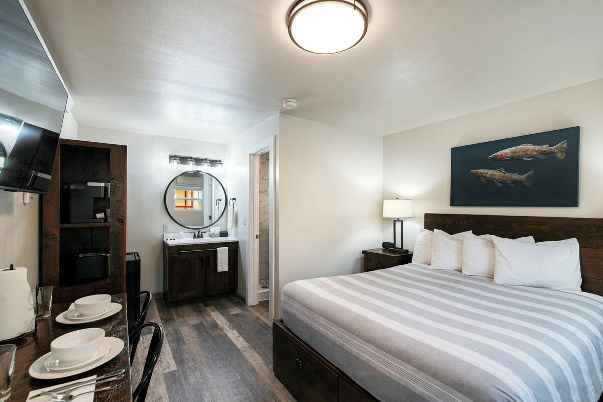 A hotel room with a bed, a TV, a mirror, a sink, and a painting of fish.