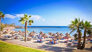 Una playa con tumbonas y palmeras.