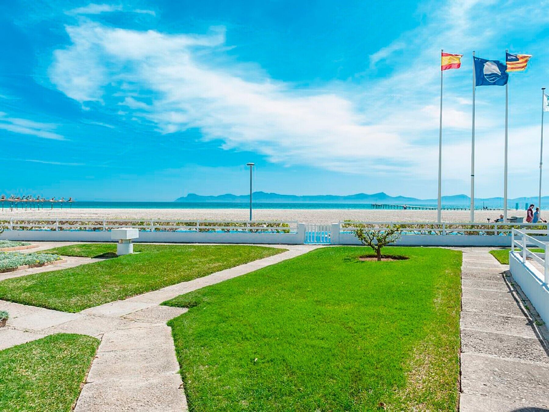 A coastal promenade with a grassy area, a pathway, and a view of the beach and ocean.