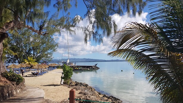 Une plage avec une promenade en bois menant à une zone sablonne agrémentée de parasols en chaume et de chaises longues.
