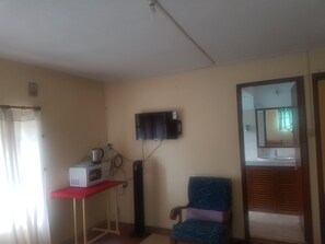 Cozy living space with a television, microwave, and comfortable armchair.