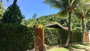 Un jardin tropical avec une porte en bois, une végétation luxuriante et un petit bâtiment.