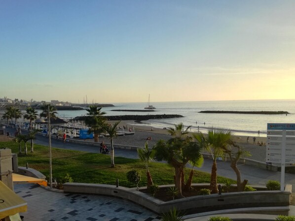 A coastal promenade with a beach, palm trees, and a marina. - Sunny Villa Holiday Home (Torviscas Bajo)