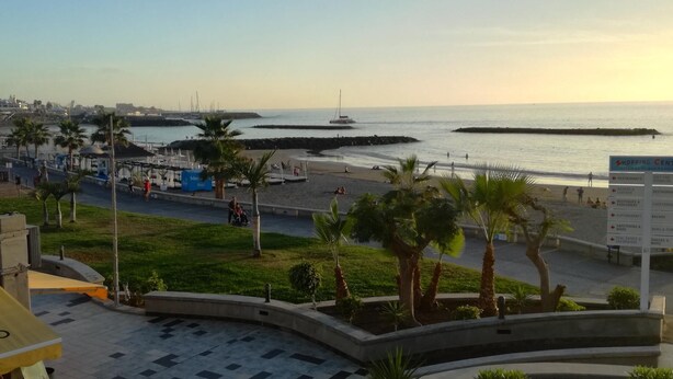 A coastal promenade with a beach, palm trees, and a marina. - Sunny Villa Holiday Home (Torviscas Bajo)